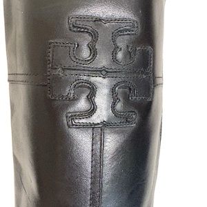 Tory Burch Black Leather Heeled Boots with Embossed Logo